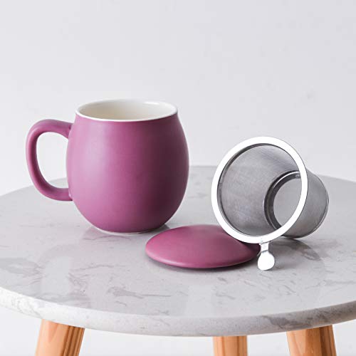Yundu 12 OZ Matte Purple Porcelain Teacup with Infuser and Lid, Mug with Lid for Steeping - Thankgiving Father Day Christmas Gift for parents - Fun Cup for Men, Women, Him, Her