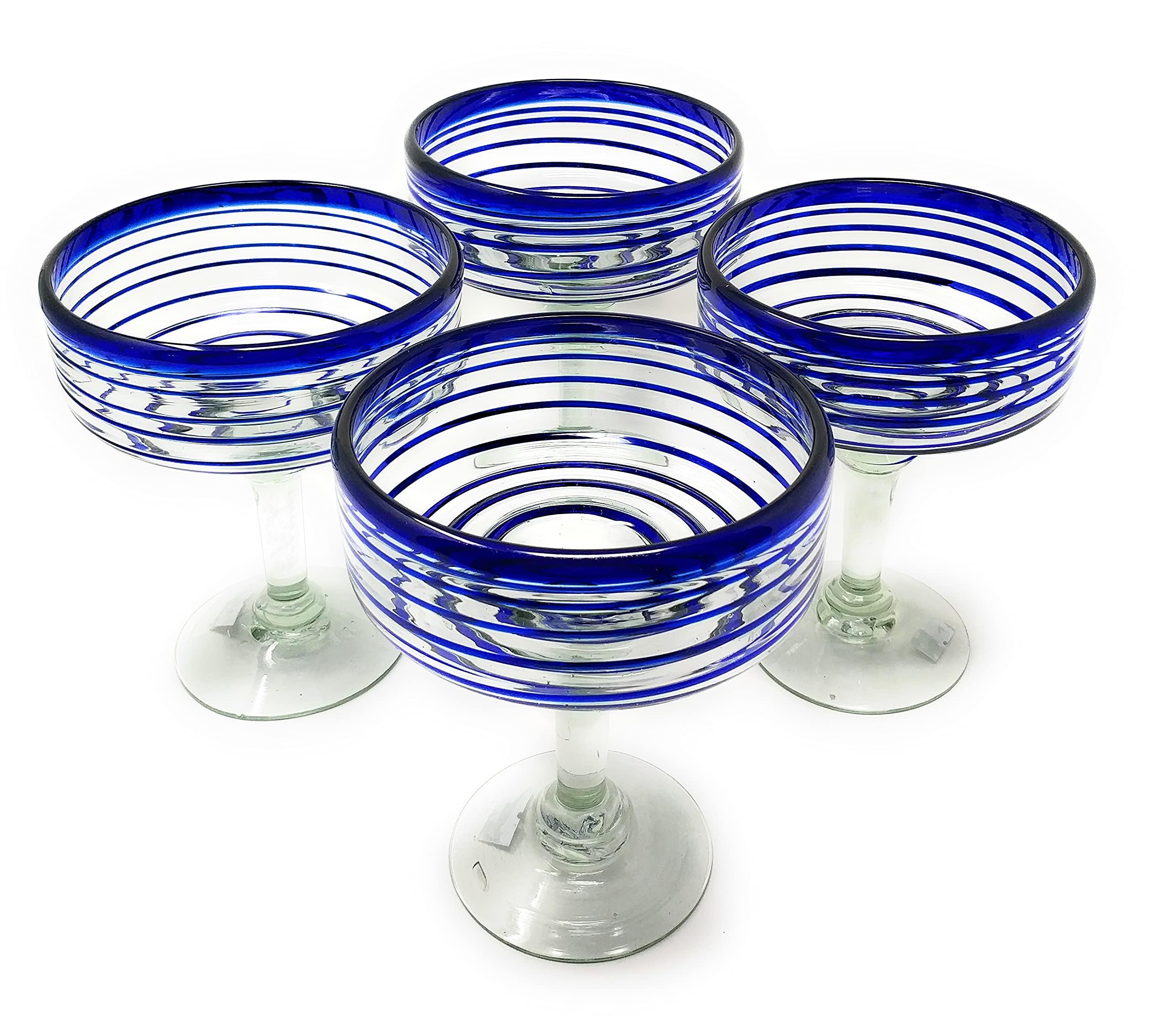 Mexican Hand Blown Glass – Set of 4 Hand Blown Margarita Glasses (16 oz) with Blue Spiral Design