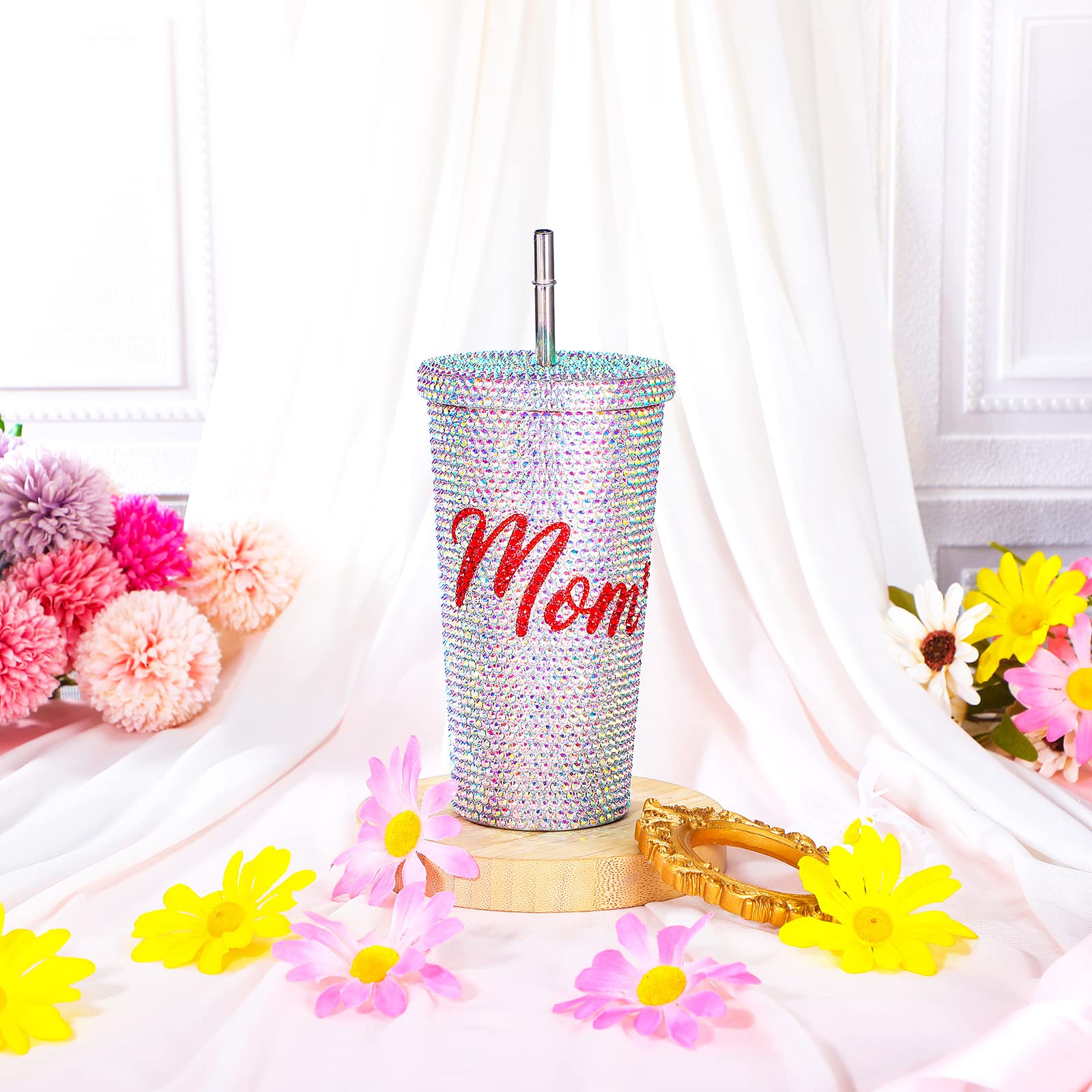 Zubebe Bling Diamond Tumbler Thermal Glitter Water Bottles Mother Gift Mom Stainless Steel Rhinestone Glitter Tumbler Idea with Lid and Straw 6 Pcs Straw Brushes 1 Pcs Cup Brush