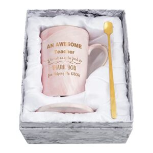 teacher coffee mug, teacher gifts for women, an awesome teacher is not easy to find, thank you, teacher appreciation day, teacher mugs for women marble mug with box spoon coaster 14oz pink