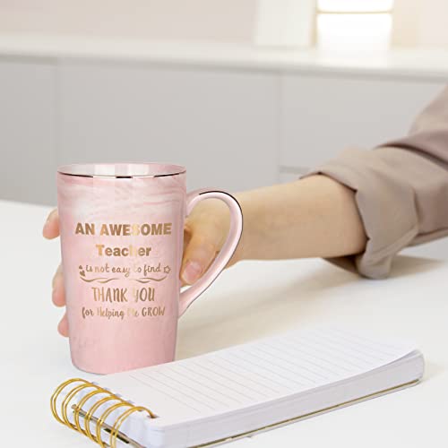 Teacher Coffee Mug, Teacher Gifts for Women, An Awesome Teacher is Not Easy to Find, Thank You, Teacher Appreciation Day, Teacher Mugs for Women Marble Mug with Box Spoon Coaster 14Oz Pink