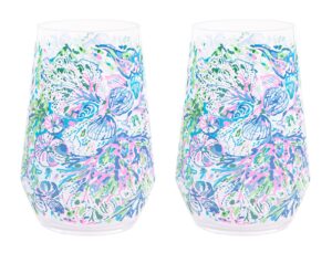 lilly pulitzer stemless wine glass set of 2, large acrylic wine glasses, 22 ounce plastic cocktail cups for indoor/outdoor, soleil it on me