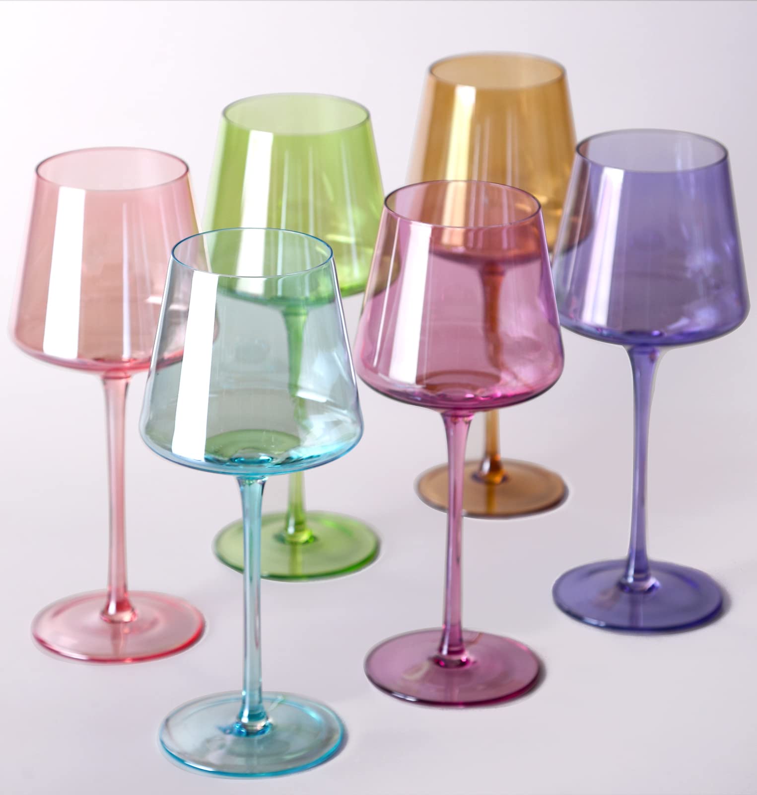 comfit Colored Wine Glasses set of 6-Crystal Colorful Wine Glasses With Long Stem,Square wine glasses with flat bottom,Ideal for full-bodied wine,Wine gifts for wedding,housewarming18OZ