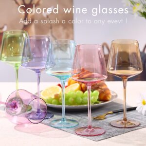 comfit Colored Wine Glasses set of 6-Crystal Colorful Wine Glasses With Long Stem,Square wine glasses with flat bottom,Ideal for full-bodied wine,Wine gifts for wedding,housewarming18OZ