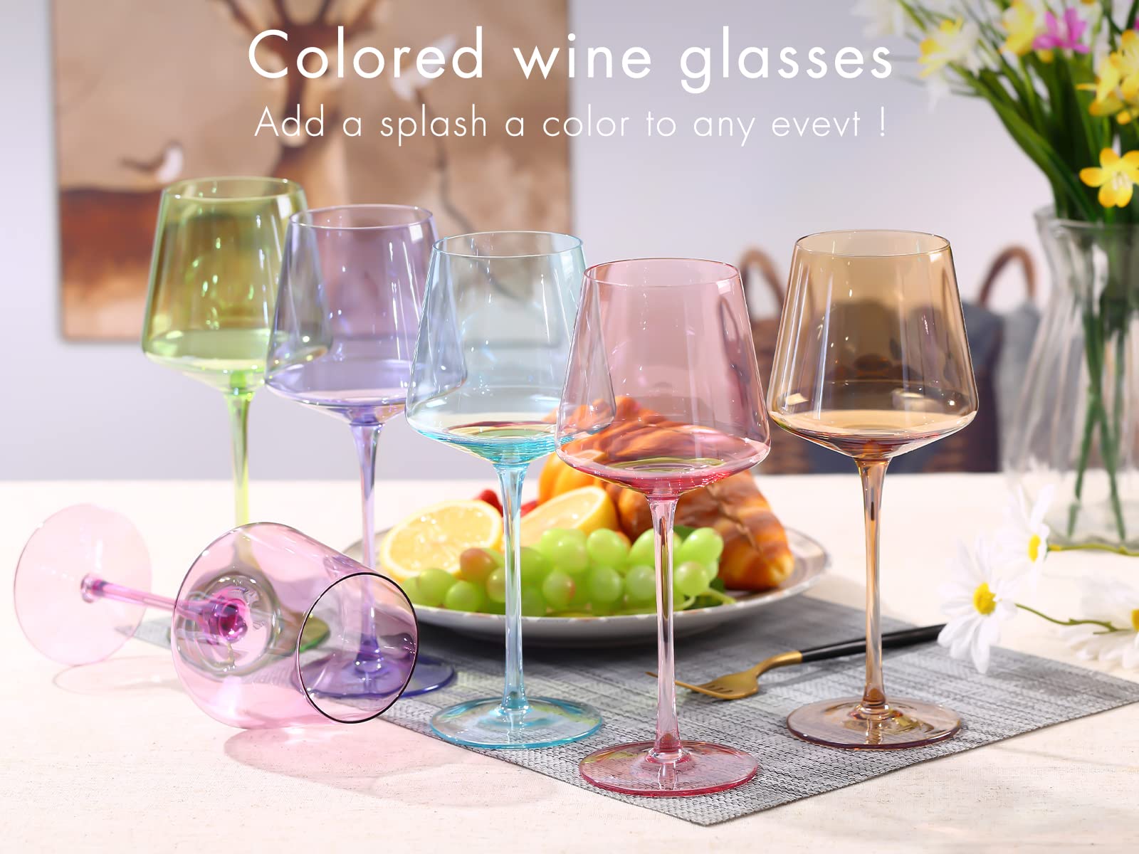 comfit Colored Wine Glasses set of 6-Crystal Colorful Wine Glasses With Long Stem,Square wine glasses with flat bottom,Ideal for full-bodied wine,Wine gifts for wedding,housewarming18OZ