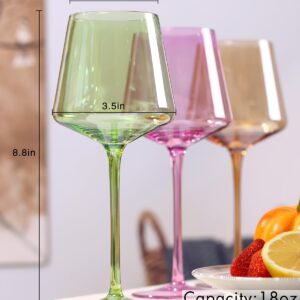 comfit Colored Wine Glasses set of 6-Crystal Colorful Wine Glasses With Long Stem,Square wine glasses with flat bottom,Ideal for full-bodied wine,Wine gifts for wedding,housewarming18OZ