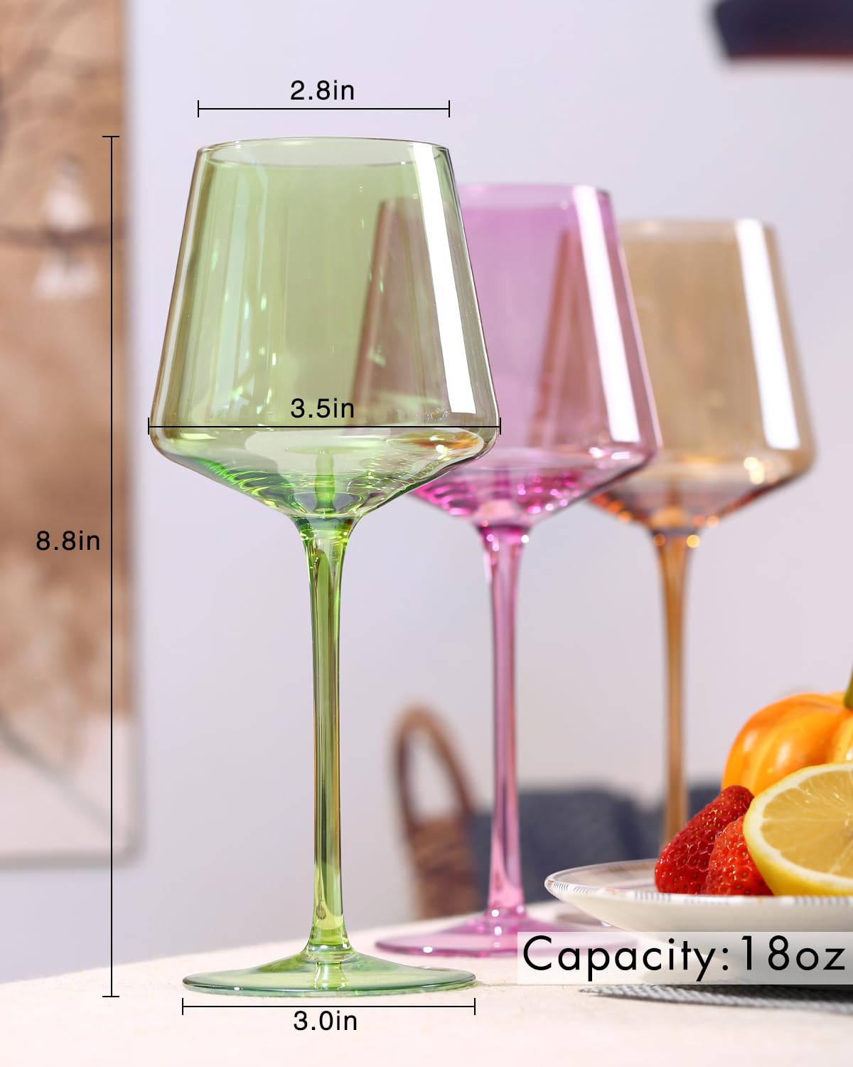 comfit Colored Wine Glasses set of 6-Crystal Colorful Wine Glasses With Long Stem,Square wine glasses with flat bottom,Ideal for full-bodied wine,Wine gifts for wedding,housewarming18OZ