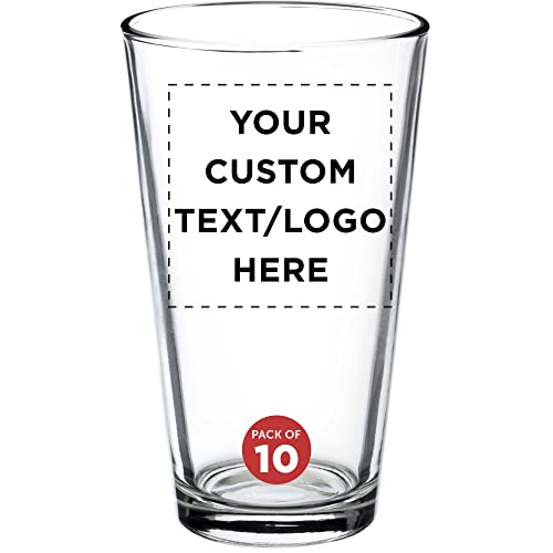 DISCOUNT PROMOS Custom Heavy Duty Beer Pint Glasses by ARC 16 oz. Set of 10, Personalized Bulk Pack - USA Made Restaurant Glassware, Perfect for Beer, Cocktails, Soda, Other Beverages - Clear