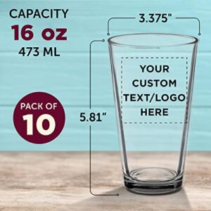 DISCOUNT PROMOS Custom Heavy Duty Beer Pint Glasses by ARC 16 oz. Set of 10, Personalized Bulk Pack - USA Made Restaurant Glassware, Perfect for Beer, Cocktails, Soda, Other Beverages - Clear