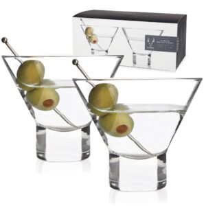 viski heavy base stemless martini glasses set of 2 - premium short crystal cocktail glass gift set, 7.5 oz.