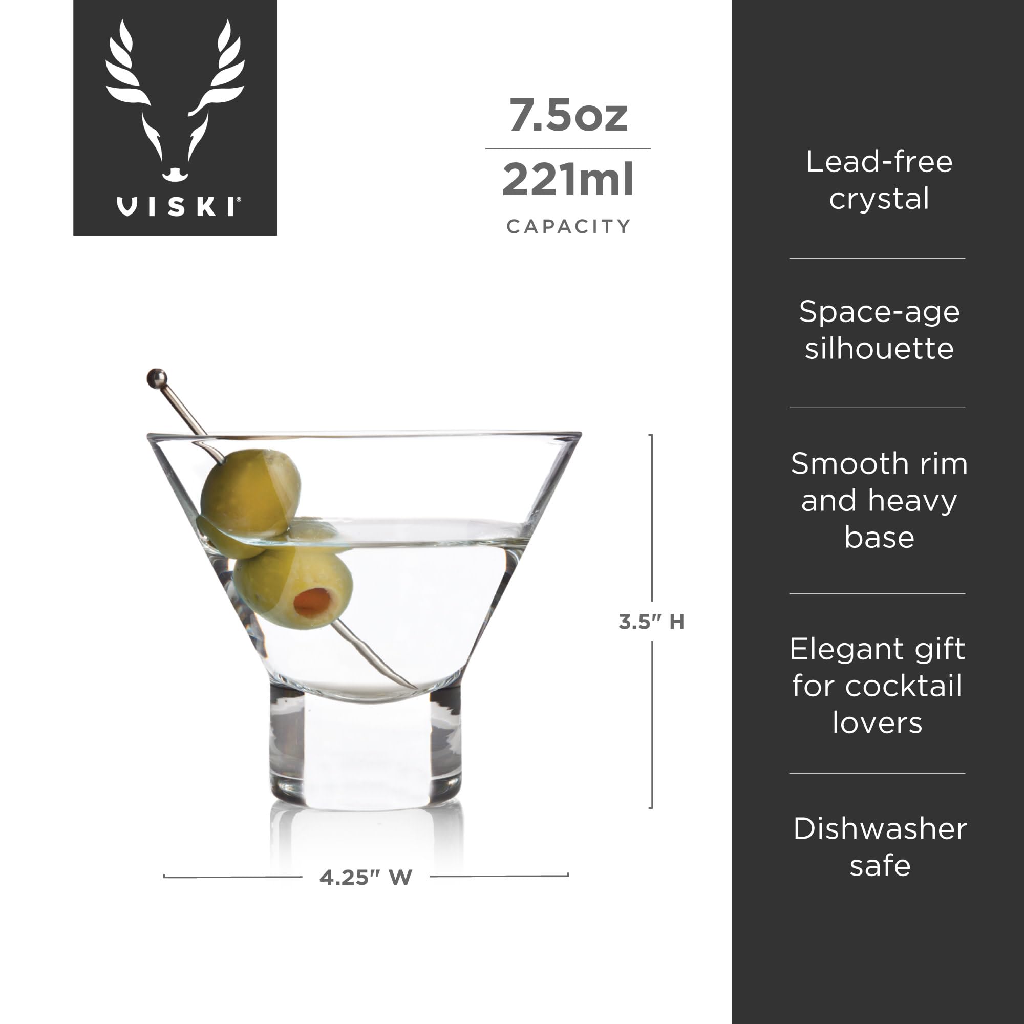 Viski Heavy Base Stemless Martini Glasses Set of 2 - Premium Short Crystal Cocktail Glass Gift Set, 7.5 oz.