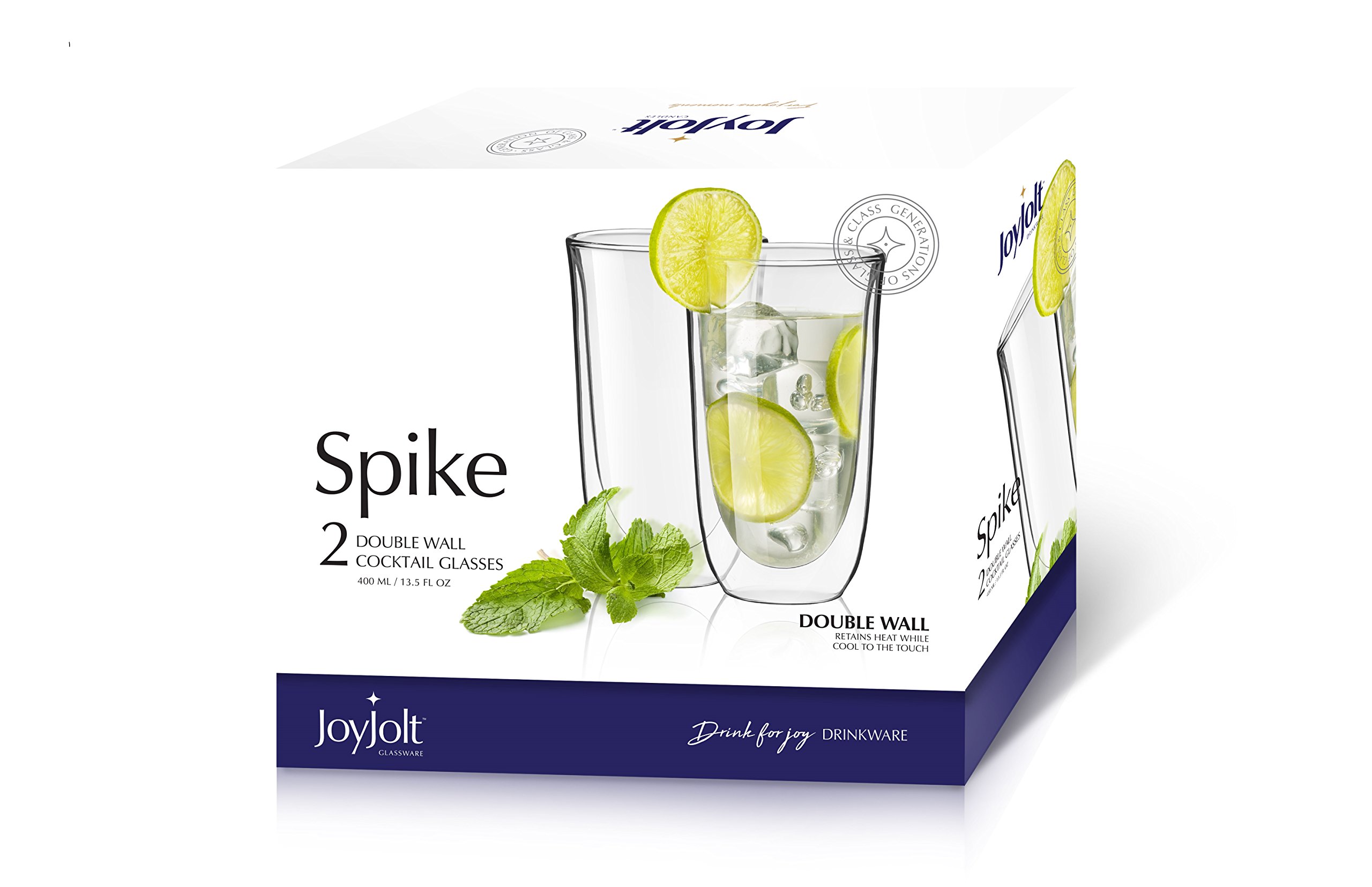 JoyJolt Spike Double Wall Glasses, Cocktail Beer Drinkware Glass Set of 2 - double walled glass 13.5 Ounces