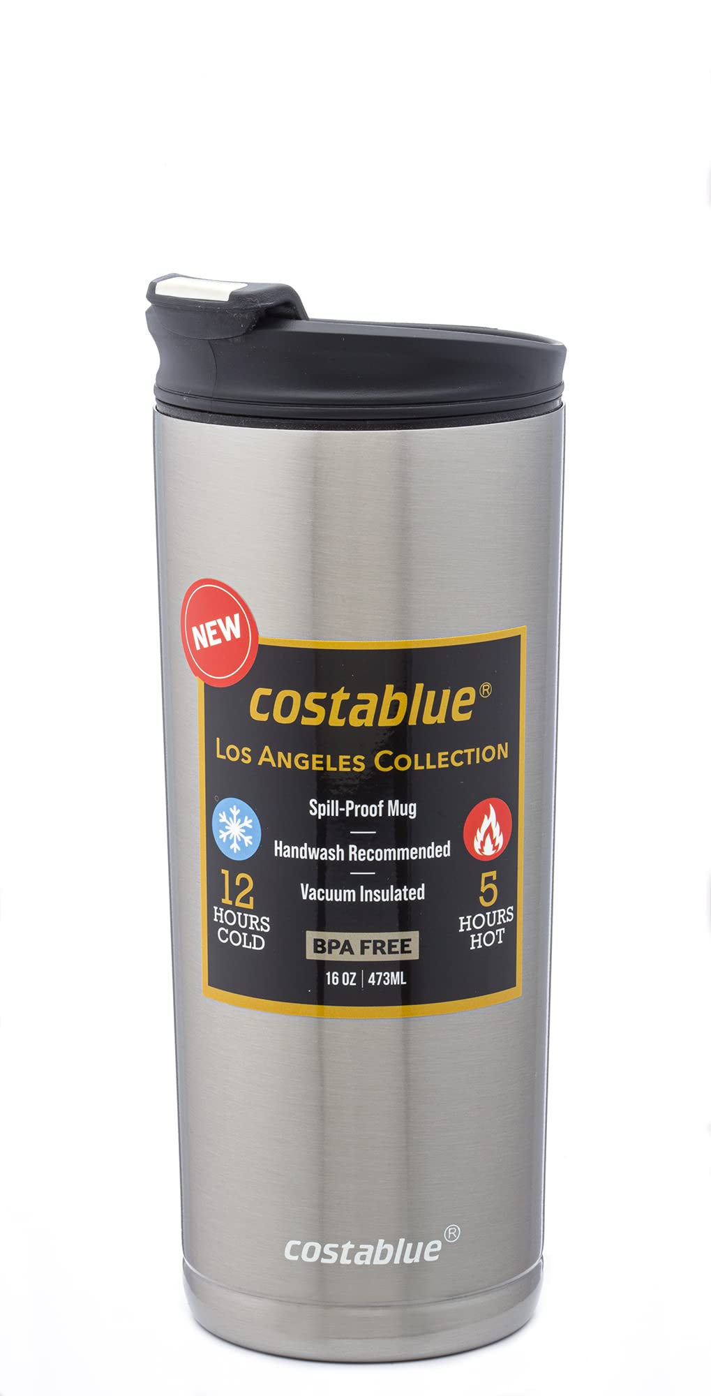 costablue Travel Coffee Mug 16 Oz. Stainless Steel, Leak Proof Dishwasher Safe Lid, Double Wall Coffee Cup, Reusable Insulated Tumbler for Hot & Cold Beverages Eco friendly