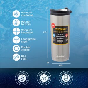 costablue Travel Coffee Mug 16 Oz. Stainless Steel, Leak Proof Dishwasher Safe Lid, Double Wall Coffee Cup, Reusable Insulated Tumbler for Hot & Cold Beverages Eco friendly