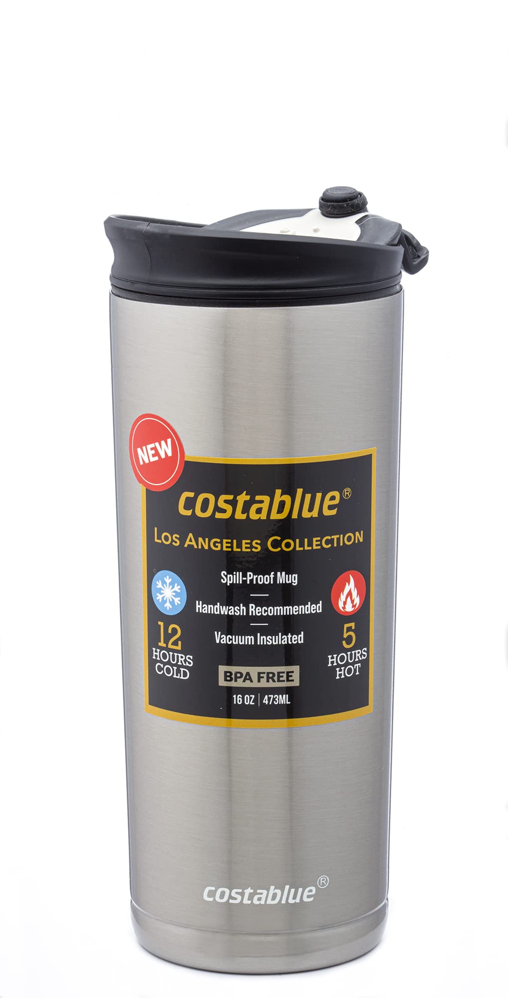 costablue Travel Coffee Mug 16 Oz. Stainless Steel, Leak Proof Dishwasher Safe Lid, Double Wall Coffee Cup, Reusable Insulated Tumbler for Hot & Cold Beverages Eco friendly