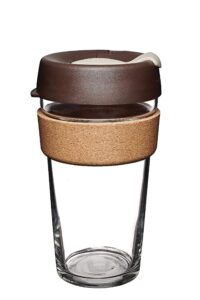 keepcup 16oz reusable coffee cup. toughened glass cup & natural cork band. 16-ounce/large, almond