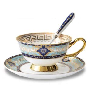 YBK Tech Euro Style Bone China Cup& Saucer Set, Ceramic Tea Coffee Cup for Home Kitchen Wedding (Royal Pattern- Sky Blue)