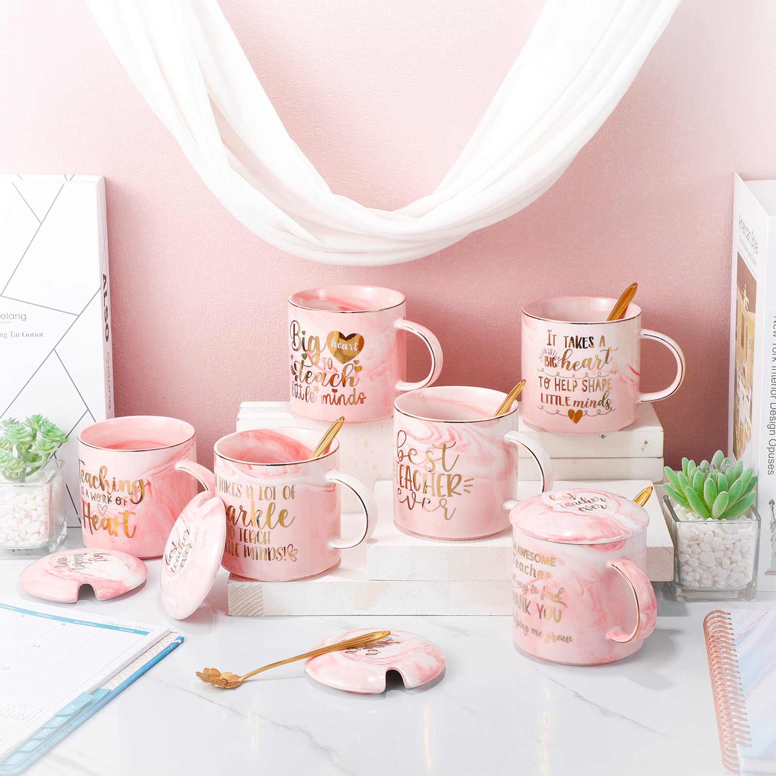 Irenare Set of 6 Teachers Gifts 11.5 oz Pink Teacher Appreciation Mug Marble Ceramic Teacher Coffee Mug Best Teacher Gifts for Daycare Teachers Birthday Women Gifts with Lid and Spoon