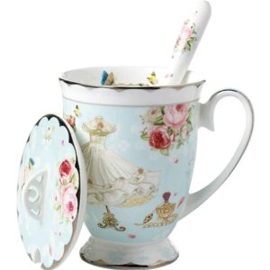 krysclove vintage ceramic tea cup coffee mug with lid and spoon set, royal fine bone china mugs 11oz(light blue)