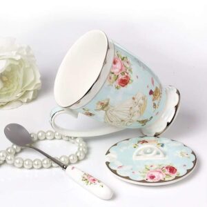 Krysclove Vintage Ceramic Tea Cup Coffee Mug with Lid and Spoon Set, Royal Fine Bone China Mugs 11oz(Light Blue)
