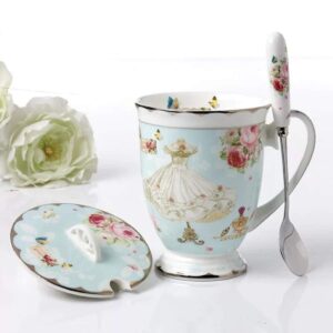 Krysclove Vintage Ceramic Tea Cup Coffee Mug with Lid and Spoon Set, Royal Fine Bone China Mugs 11oz(Light Blue)