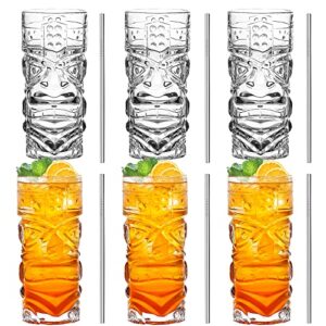 inftyle clear tiki glasses set of 6-14 oz modern bar tiki cocktail glasses perfect for exotic cocktails,mai tai, hawaiian style cocktails, tropical island drinksware set
