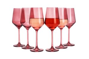 red rose colored wine glass set, large 12 oz glasses set of 6, unique italian style tall stemmed for white & red wine, water, cocktail, margarita glasses, color tumbler, gifts, beautiful glassware