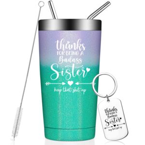 fufandi sister birthday gift ideas - sister gifts from sister - big sister gift - mother's day christmas gifts for sister - thanks for being a badass sister tumbler cup 20oz