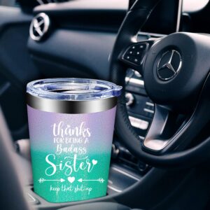 Fufandi Sister Birthday Gift Ideas - Sister Gifts from Sister - Big Sister Gift - Mother's Day Christmas Gifts for Sister - Thanks for Being a Badass Sister Tumbler Cup 20oz