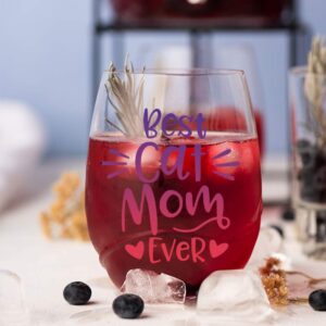 Best Cat Mom Ever Funny Stemless Wine Glass, Cat Lover Gifts for Cat Dad, Cat Mom, Women, Veterinarian, Animal Rescue, Vet Tech, Perfect for Birthday, Valentines