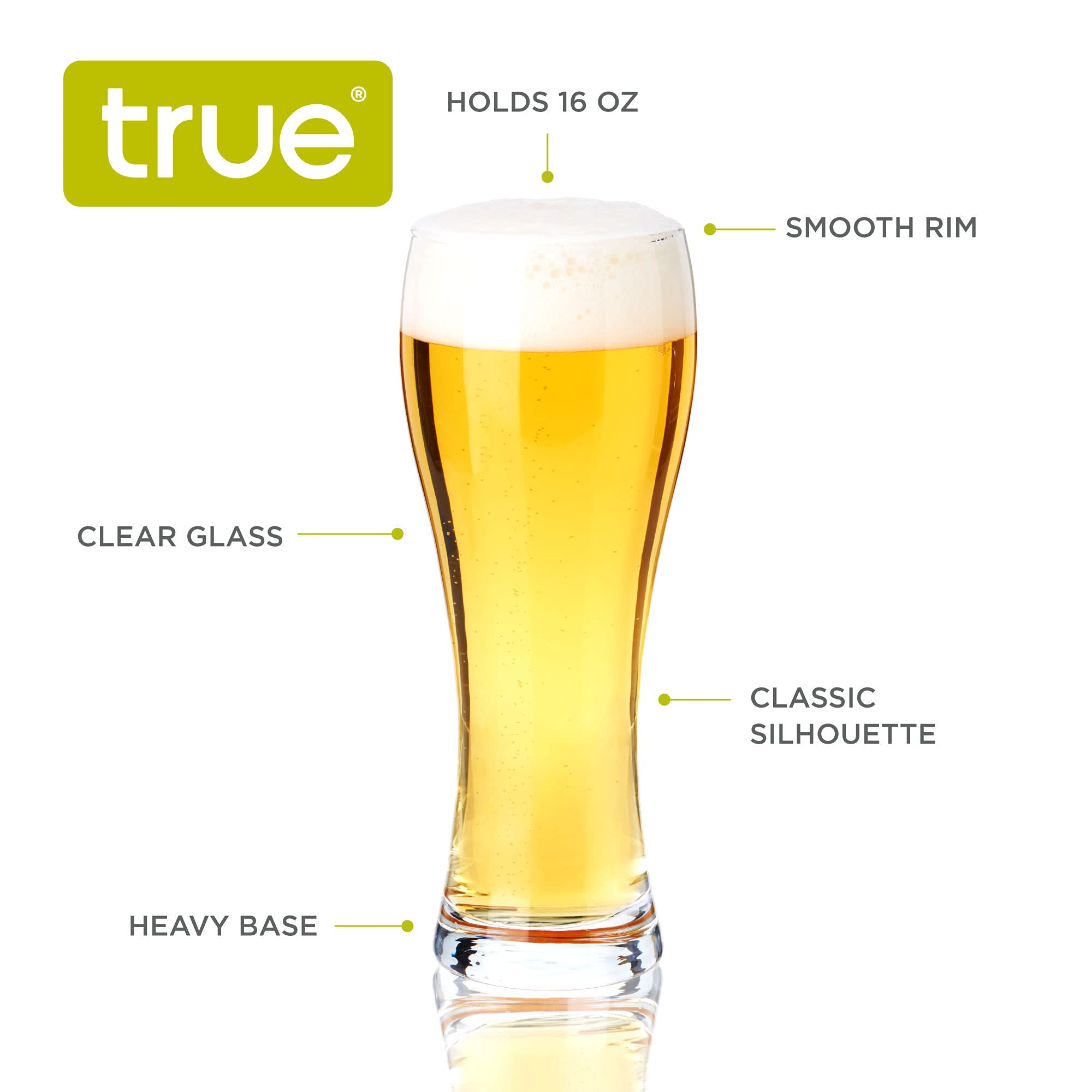 True Wheat Beer Glasses, Pilsner Beer Glass, Craft Brew Lovers Glassware, 23 Ounce, Large Beer Glasses, Set of 4 Pilsner Glasses, Clear Glass