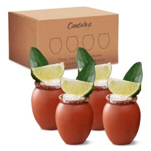 cantarey - 2oz mini clay cups tequila shot glasses, cantaritos de barro mexicanos for tequila, margaritas, mojitos and more, natural clay shot glasses for taco tuesdays, set of 4