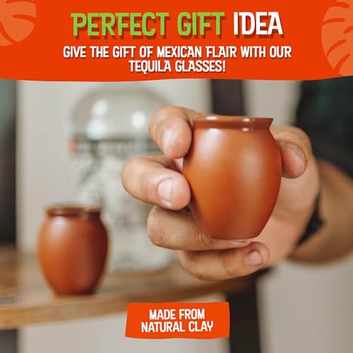 CANTAREY - 2oz Mini Clay Cups Tequila Shot Glasses, Cantaritos de Barro Mexicanos for Tequila, Margaritas, Mojitos and More, Natural Clay Shot Glasses for Taco Tuesdays, Set of 4