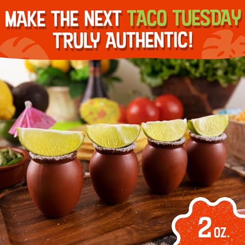 CANTAREY - 2oz Mini Clay Cups Tequila Shot Glasses, Cantaritos de Barro Mexicanos for Tequila, Margaritas, Mojitos and More, Natural Clay Shot Glasses for Taco Tuesdays, Set of 4