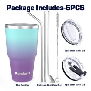 Pandaria 30 oz Insulated Tumblers with Lids and Straws, Double Wall Stainless Steel Tumbler with Straw, Reusable Spill Proof & Leak Proof Tumbler, Perfect for Iced Coffee, Tea & More, Sea