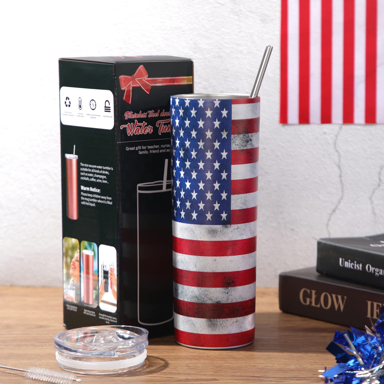 American Flag Water Tumbler, 4th of July Gifts Patriotic Cup, Patriotic Party Supplies for Labor Day, Memorial, Veterans Day, 20 oz Vacuum Insulated Tumbler with Lid, Straw and Brush (Stylish Style)