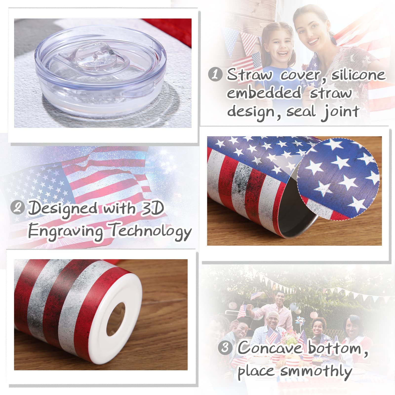 American Flag Water Tumbler, 4th of July Gifts Patriotic Cup, Patriotic Party Supplies for Labor Day, Memorial, Veterans Day, 20 oz Vacuum Insulated Tumbler with Lid, Straw and Brush (Stylish Style)