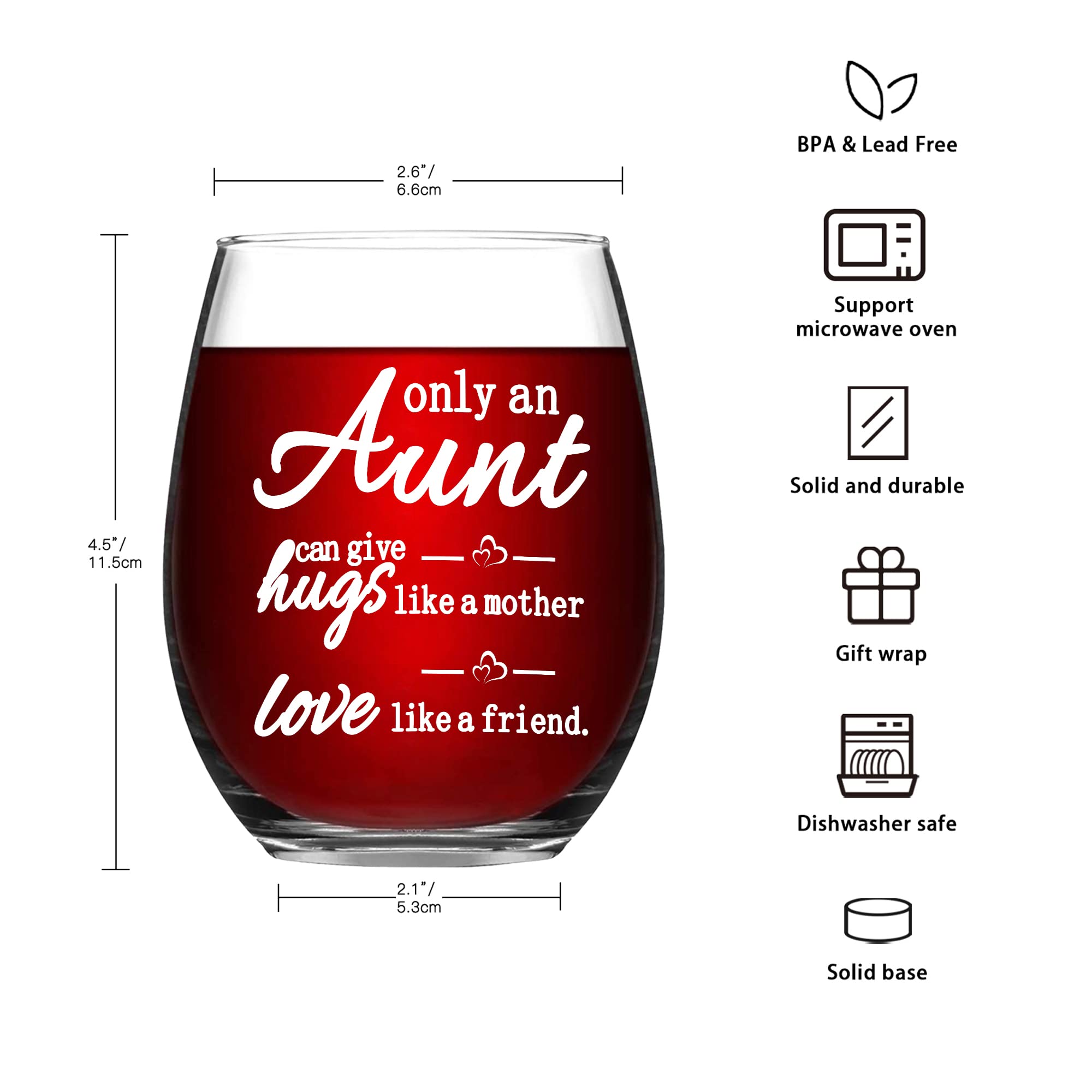 SHENDONG Only An Aunt Can Give Hugs Like a Mother Wine Glass Aunt Wine Glass Aunt Gifts Birthday Mothers Day Gifts for Aunt Auntie from Nephew Niece Meaningful 15 Ounce Thicken with Gift Box White