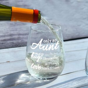 SHENDONG Only An Aunt Can Give Hugs Like a Mother Wine Glass Aunt Wine Glass Aunt Gifts Birthday Mothers Day Gifts for Aunt Auntie from Nephew Niece Meaningful 15 Ounce Thicken with Gift Box White