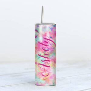 personalized tumbler | stainless steel 20oz tumblers | custom tumbler for women | travel cup | double wall coffee cup for hot and cold drinks | tie dye yellow purple pink tumbler