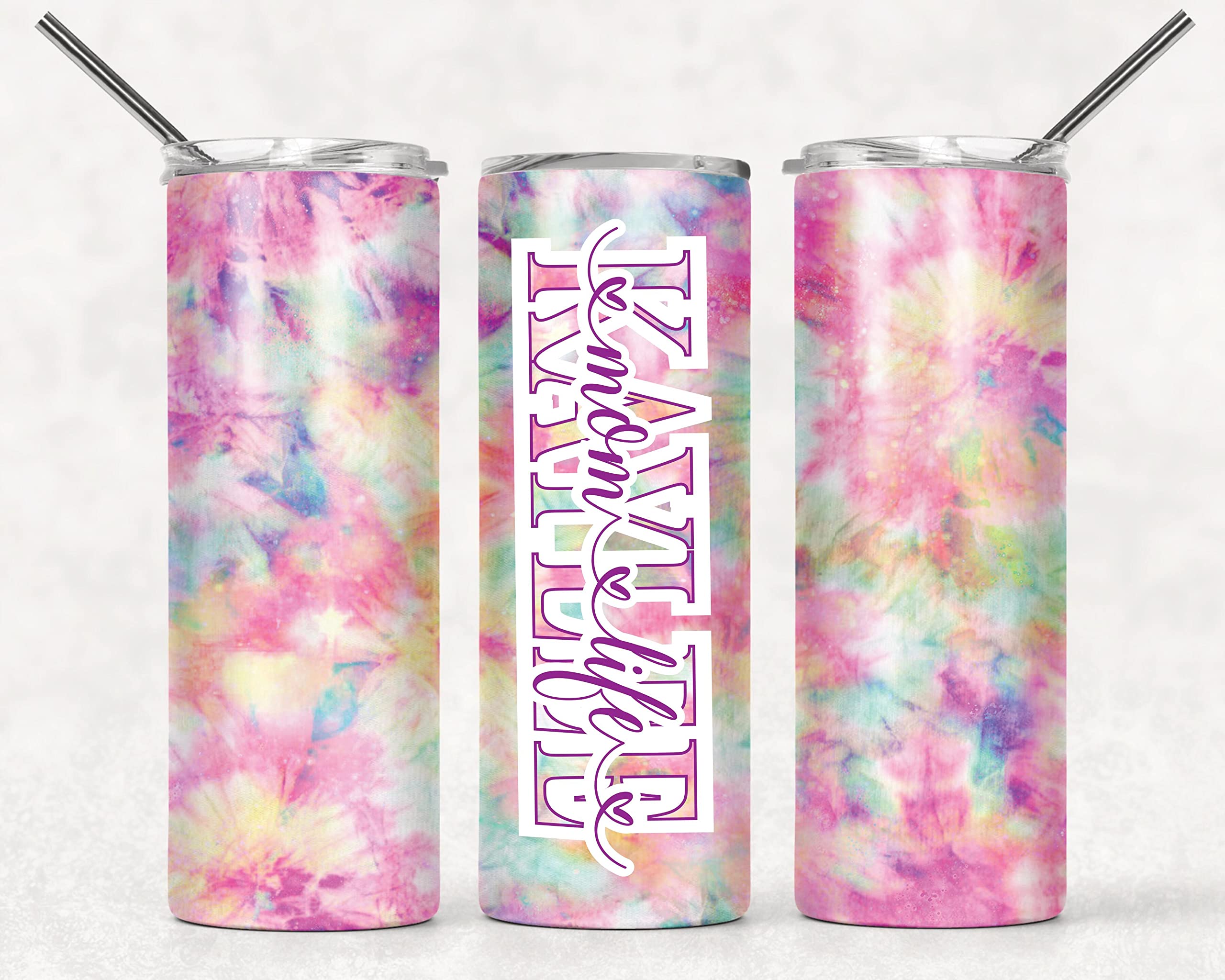 Personalized Tumbler | Stainless Steel 20oz Tumblers | Custom Tumbler For Women | Travel Cup | Double Wall Coffee Cup for Hot and Cold Drinks | Tie Dye Yellow Purple Pink Tumbler