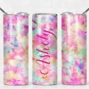 Personalized Tumbler | Stainless Steel 20oz Tumblers | Custom Tumbler For Women | Travel Cup | Double Wall Coffee Cup for Hot and Cold Drinks | Tie Dye Yellow Purple Pink Tumbler