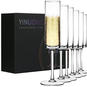 yinuowei champagne flutes - elegant hand blown crystal champagne glasses, lead-free premium crystal gifts for weddings, anniversaries, christmas - set of 6, clear