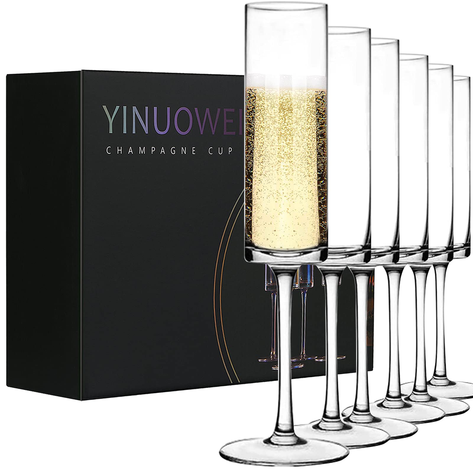 YINUOWEI Champagne Flutes - Elegant Hand Blown Crystal Champagne Glasses, Lead-free Premium Crystal Gifts For Weddings, Anniversaries, Christmas - Set of 6, Clear