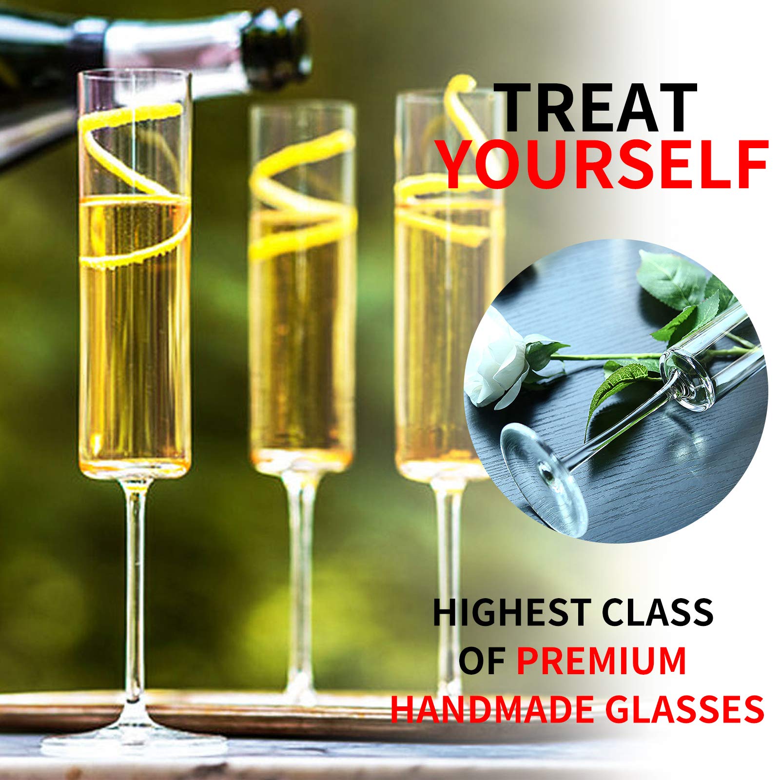 YINUOWEI Champagne Flutes - Elegant Hand Blown Crystal Champagne Glasses, Lead-free Premium Crystal Gifts For Weddings, Anniversaries, Christmas - Set of 6, Clear