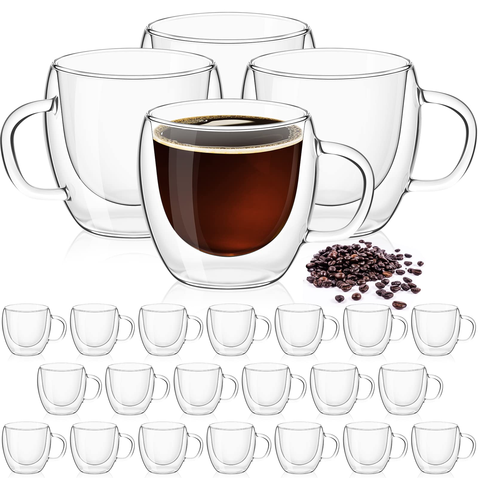 Tessco 24 Pcs Double Wall Espresso Cups Glass Coffee Mugs Bulk 5 oz Insulated Espresso Mugs with Handle Clear Glass Drinking Cups for Espresso Machine, Latte, Cappuccino, Tea, Beverage