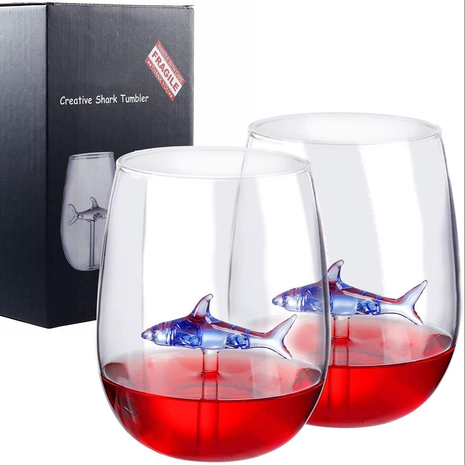 Shark Wine Glass, Personalized Stemless Crystal Shark Wine Glasses with Shark Inside (Set of 2), Fancy Cool Red Wine Cups, Unique Shark Lover Gifts for Women Party Birthday Wedding (Blue)