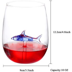 Shark Wine Glass, Personalized Stemless Crystal Shark Wine Glasses with Shark Inside (Set of 2), Fancy Cool Red Wine Cups, Unique Shark Lover Gifts for Women Party Birthday Wedding (Blue)