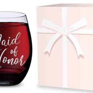 GSM Brands Stemless Wine Glass for Maid of Honor Gifts - Made of Unbreakable Tritan Plastic and Dishwasher Safe - 16 ounces