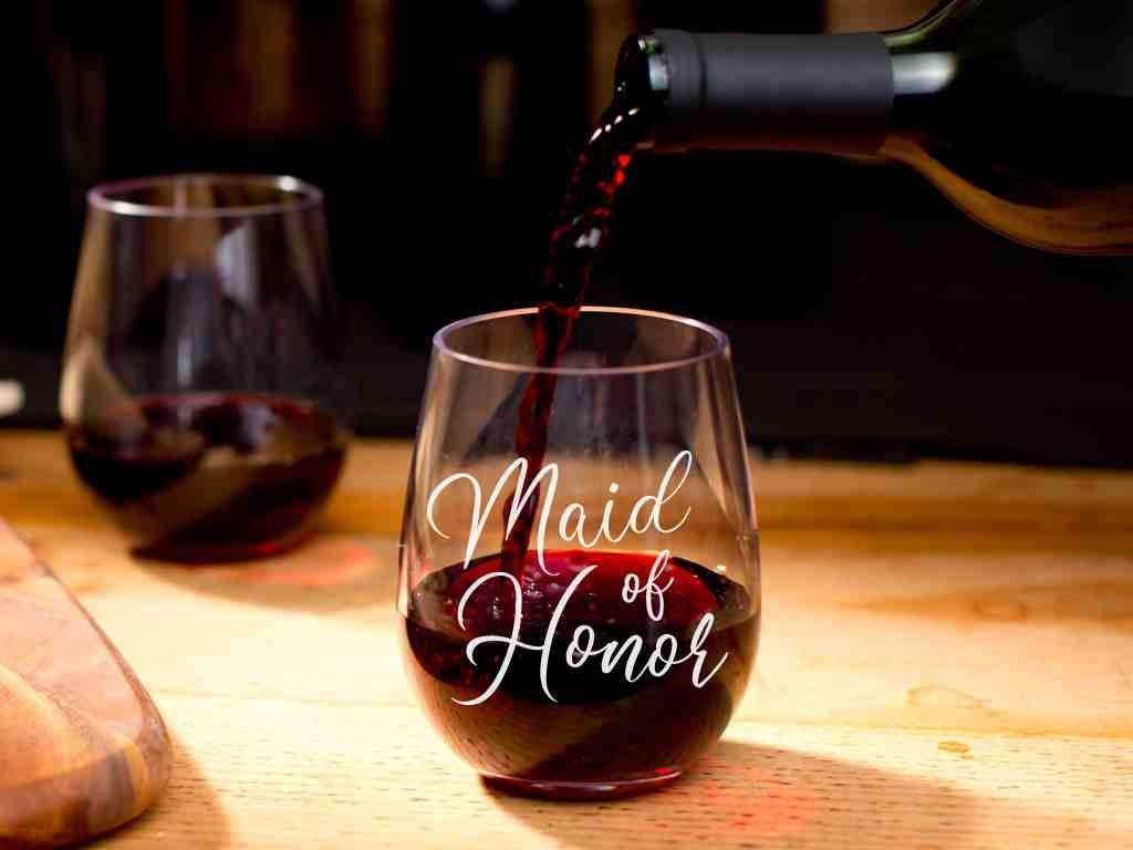 GSM Brands Stemless Wine Glass for Maid of Honor Gifts - Made of Unbreakable Tritan Plastic and Dishwasher Safe - 16 ounces